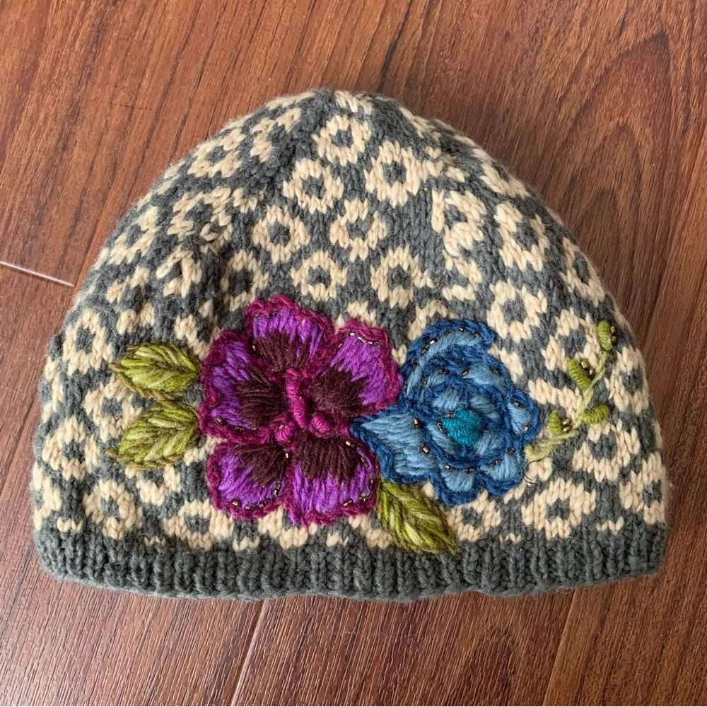 French Knot Wool Beanie Hat Embroidered Flower
